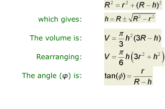 which gives:  The volume is:  Rearranging:  The angle (φ) is: